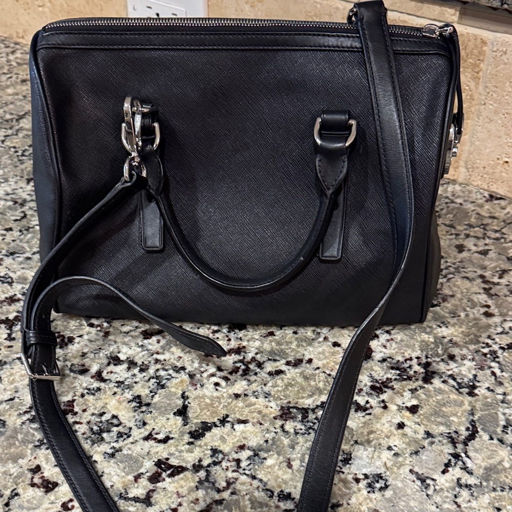 Tumi, Black Leather Handbag with Silver Accents